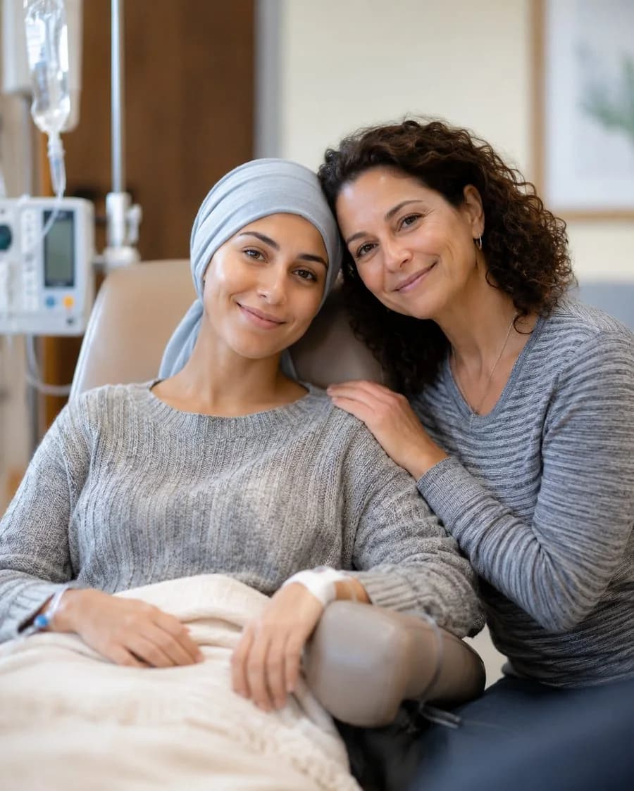 A woman resting in a treatment chair, with a family member beside her